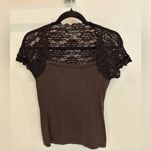 INC Brown Lace Short Sleeved Top